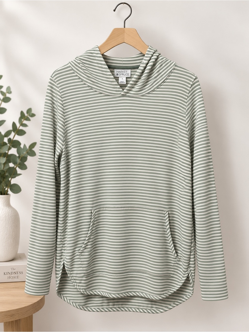 Market & Spruce Sage and White Striped Hooded Pullover (384)